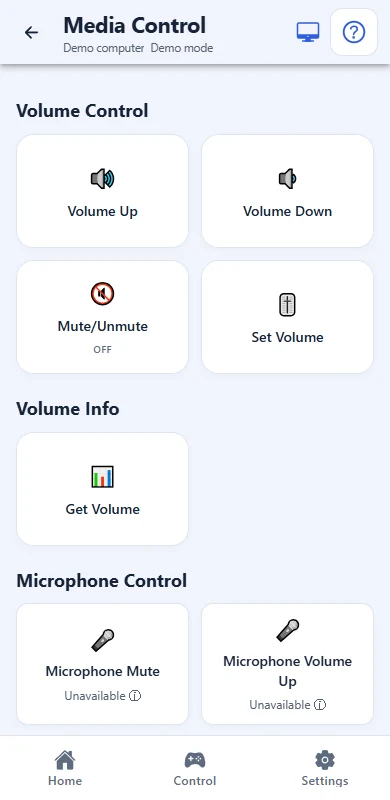 Omni Remote app screen in demo mode: PC media & volume
