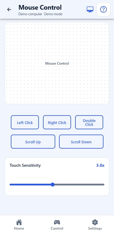 Omni Remote app screen in demo mode: Phone as mouse & keyboard