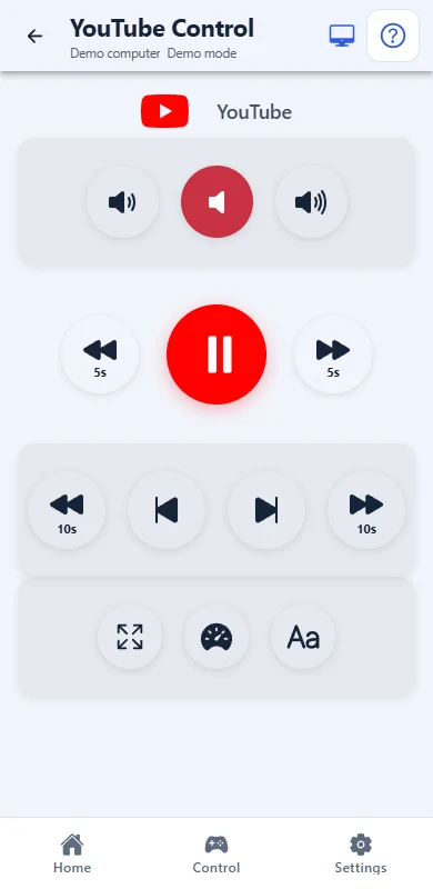 Omni Remote app screen in demo mode: YouTube remote